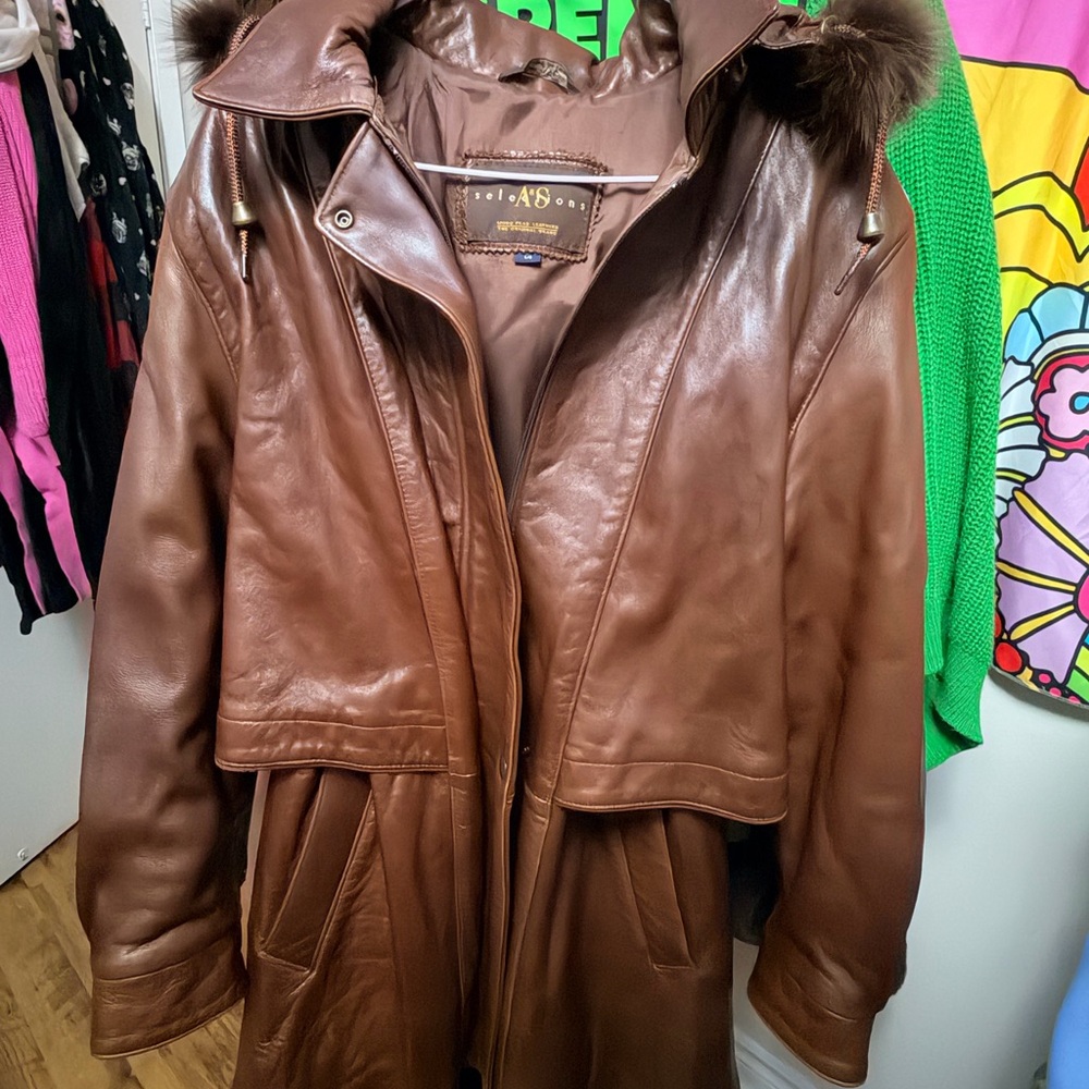Brown Leather Hooded Jacket with Fur Trim